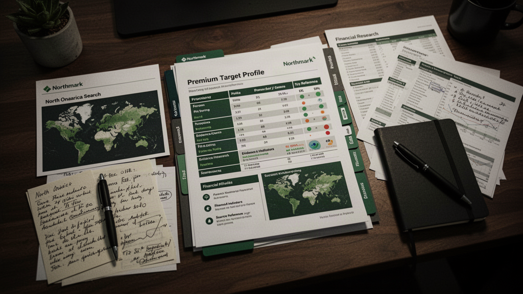 Illustrative private-company research dossier arranged on an analyst desk