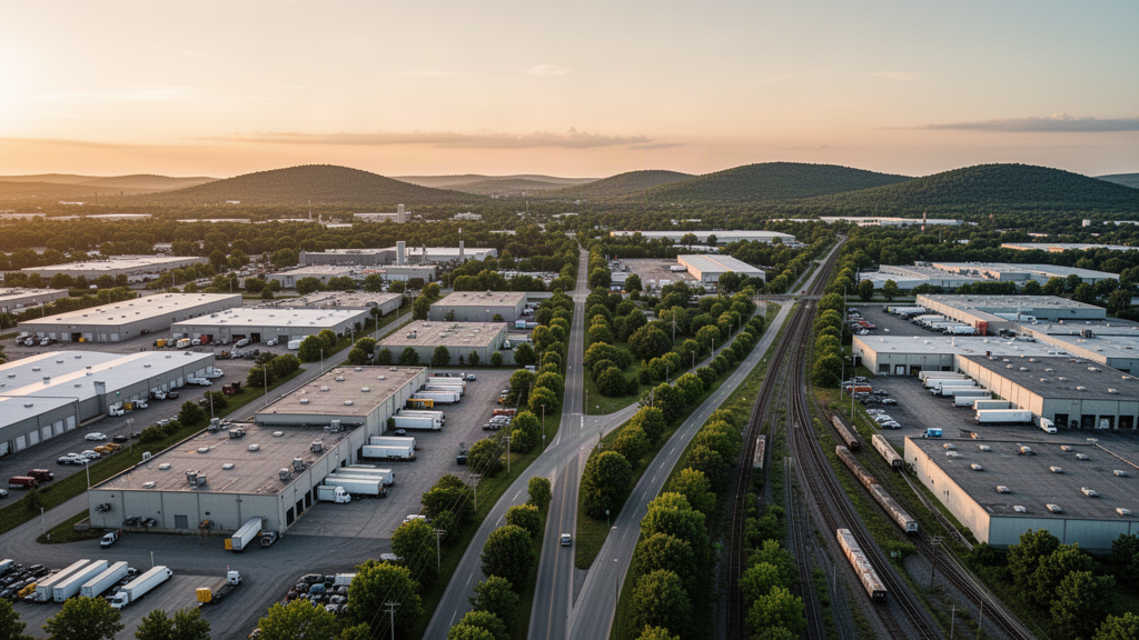 Aerial view of a North American industrial and commercial district